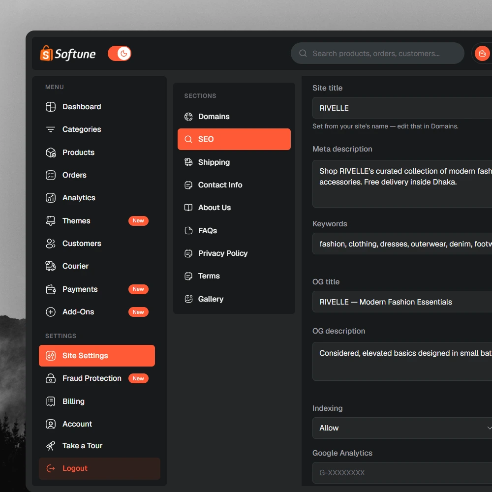 SEO & Domains in the SoftuneBD dashboard